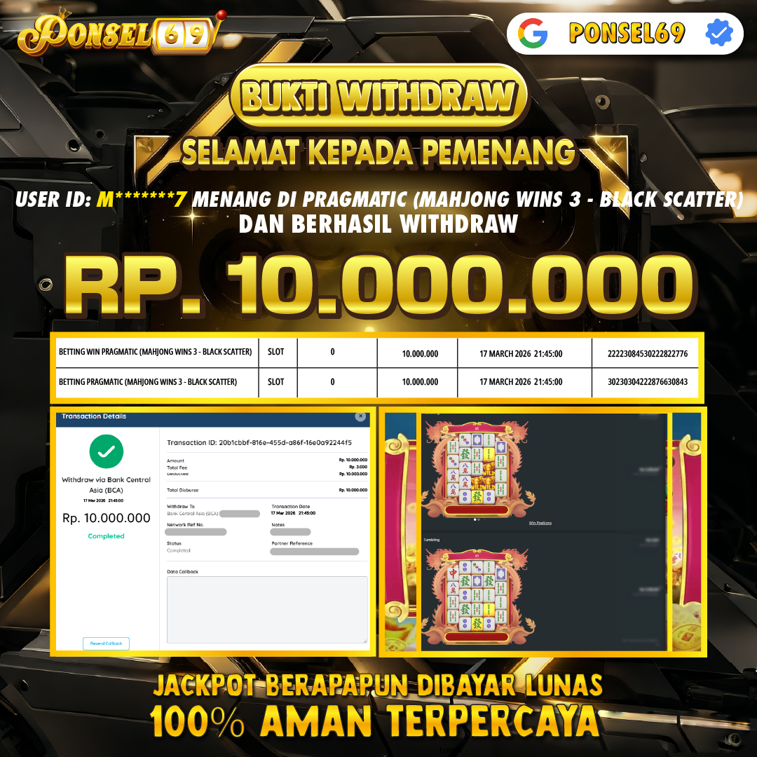 BUKTI WITHDRAW Pragmatic (Mahjong Wins 3 - Black Scatter) - PONSEL69
