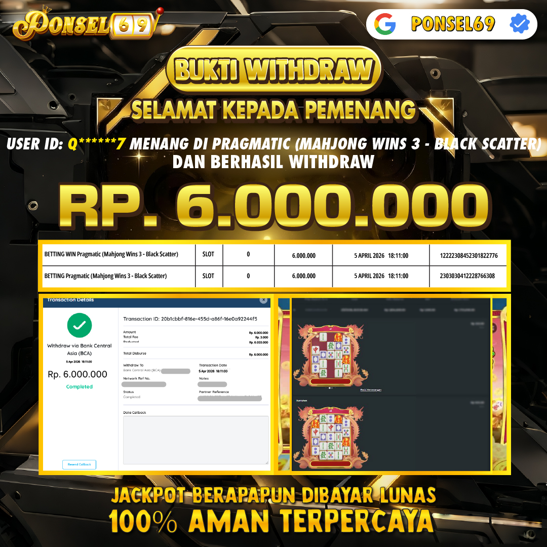 BUKTI WITHDRAW  Pragmatic (Mahjong Wins 3 - Black Scatter) - PONSEL69